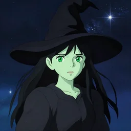 young female witch wearing a black witch hat, light green skin, black hair, bright green eyes, simple black dress, detailed perfect face, exquisite details, mid view, design on a starry background, by studio muti, greg rutkowski makoto shinkai takashi takeuchi studio ghibli