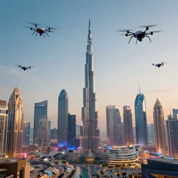 futuristic skyline of dubai in the year 2 0 5 0 inspired by cyberpunk with flying spider drones