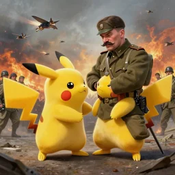 pikachu fighting stalin in ww 2 uniform and a mustache, fighting in world war 2, high detail, realistic, sharp focus, smooth edges, soldiers in the background dramatic, sky on fire with dogfights in the sky. painting by! eugene de lacroix! wide angle