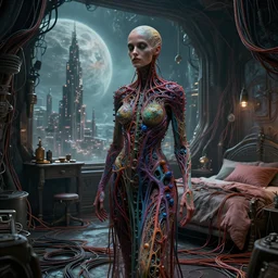 rgb, woman, alien city, on an alien planet, movie scene, inspired by zdzislaw beksinski, clothes made out of veins,, cables everywhere, bedroom, ultra realistic, concept art, intricate details, highly detailed, photorealistic, octane render, 8 k