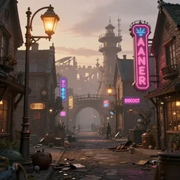 a steampunk village by albert kiefer, dawn, streetlights, neon signs atmospheric, beautiful atmosphere, junk on the ground, inspired by sherlock holmes trending on artstation, photo realistic, octane render, unreal engine 5