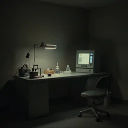 noisy color photograph of a retrofuturist Backrooms, laboratory, dark corners, minimalist, cinematic, soft vintage glow