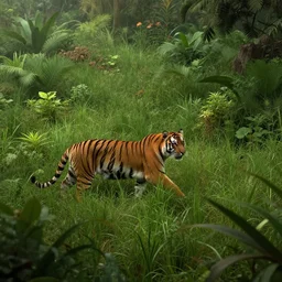 hunting a tiger, plants environment, wide angle, establishing shot, cinematic lighting, atmospheric, realistic, octane render, highly detailed, color graded, matte painting in the style of craig mullins