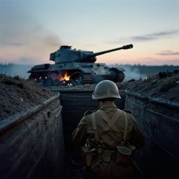 an analog color photograph of a ww 2 soldier from behind inside a trench at dusk. in the background there is a burned down sherman tank with smoke and fire at dusk. christopher nolan style. cinematic!! shot. cinematography. detailed. hq. in - frame. imax. anamorphic film. anamorphic bokeh!!!. kodak. helios 4 4 m.