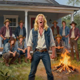 highly detailed hyperrealistic painting of a short hillbilly with long blonde hair standing in front of his porch yelling at his friend, bonfire, stephen bliss, art by greg rutkowski, loish, rhads, ferdinand knab, makoto shinkai and lois van baarle, tom bagshaw, photo, portrait, global illumination, artstation