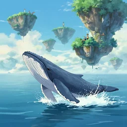 a whale jumped out of the water, and behind it were several floating islands floating in the air, by makoto shinkai, anton fadeev, thomas kinkade, and james gilleard, deviantart, cgsociety, ultra wide angle, 4 k vertical wallpaper