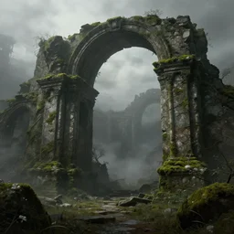 a beautiful hyper realistic detailed matte painting of ruins of ancient ruins, lost arc, overgrown by moss, dramatic lighing,underexposed, overcast, fog, by Quentin Mabille and Moebius and Andreas Rocha and Raphael Lacoste, unreal engine, trending on artstation