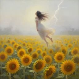 a dreamy vision of girl levitating over amazing tall sunflower field, hair flowing, fog, early morning lightning, subtle, intricate details, real masterpiece, oil on canvas, by somsak anong