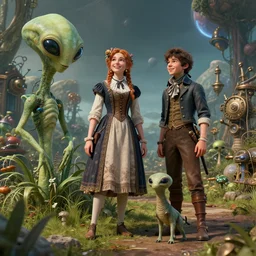 detailed, sharp, a girl and a boy standing next to some alien plants, looking happy, wearing 1820s era clothes, their small pet alien creature is standing nearby, in a park on an alien planet, steampunk, extremely highly detailed, hyperrealistic, octane render, 8k, HD, good lighting