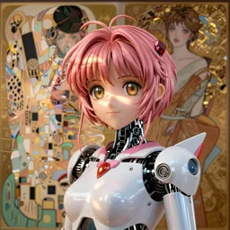 Masterpiece portrait of Sakura Kinomot from Card Captro Sakura drawn by Donato Giancola and Tom Bagshaw, face by Artgerm and Edmund Leighton, Alphonse Mucha, background by James Jean and Gustav Klimt, 4k, posthuman, robotic body, porcelain skin, komorebi, french nouveau, trending on pixiv, octane render, hyperrealistic