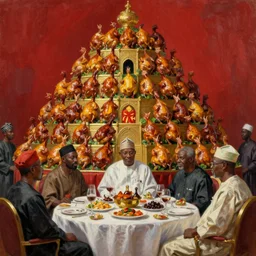 president muhammadu buhari sitted at a lavish banquet with a large bastion of chicken minimalist solid background the great feast regal ornamental in the style of edward hooper and henri matisse oil painting