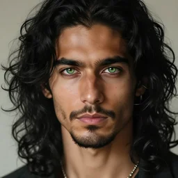 handsome!! hyper realistic man with long black curly hair, tan skin, grassy colored iris ', green eyes, anchor goatee | art by hirohiko araki & jean giraud & artgerm