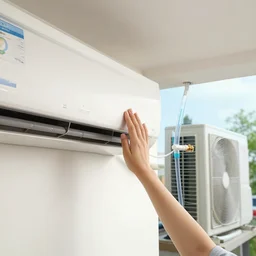 a girl's hand on an air conditioner in a room, outside another air conditioner on the terrace connected by transparent tubes with a blue liquid