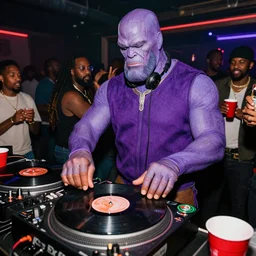 thanos is a d. j. spinning records at an off the hook basement party, listening to d. j. jazzy jeff, red solo cups and people partying