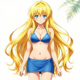 a very beautiful young anime girl, full body, long wavy blond hair, sky blue eyes, full round face, bikini, miniskirt, front view, mid - shot, highly detailed, colored manga drawing by wlop, trending on artstation