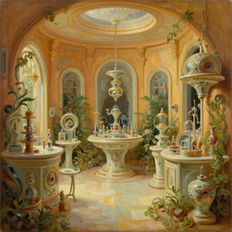 an oil painting by donato giancola, warm coloured, cinematic scifi luxurious futuristic biomechanical victorian garden laboratory of pretty ceramic baroque science equipment courtyard with bulbous alien floral fungi, beeple, halo, star wars, ilm, star citizen, halo, mass effect, artstation