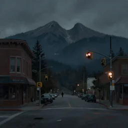 painterly, ((messy)), ominous! landscape of north bend, washington main street, dark, lonely!! stop light glowing, twin peaks, 'lone dark figure'!!