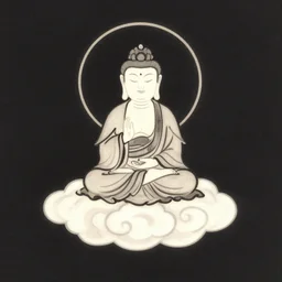 a little buddha floating on a cloud, minimalist drawing in the style of ancient china.