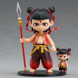arty chinese mythology ne zha nendoroid full body hyperdetalied, hero action pose, osamu tezuka, macoto takahashi, chibi, q posket, 8 k realistic, 3 d, cryengine, exquisite, red cloth around his shoulders, hold spear