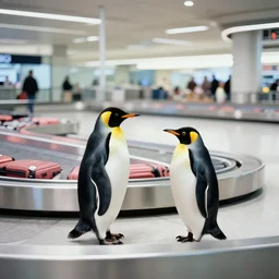 two penguins in airport baggage claim area, baggage claim carousel, ektachrome,