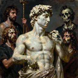 neoclassical portrait of a dead god, by jacques - louis david, by greg rutkowski, by zdzisław beksinski, by josep tapiro baro, trending on artstation, featured on pixiv, masterpiece, oil on canvas, cinematic composition, dynamic beautiful lighting,