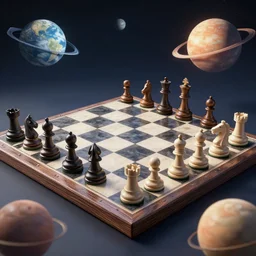 chessboard with chess pieces made of planets, realistic, octane render, ray traced