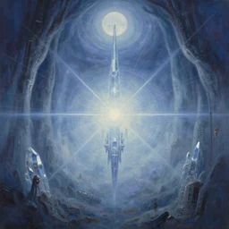 infinitely detailed elysium mothership crystal radiation retribution scarce color palette cold power-line alienated scenery in a dream subconscious cavern balanced sacred geometry cold subtle mist painted by Makoto Shinkai palettes of moon dusk and dream fantasy canvas carefully structured abstract expressionism oil painting by  Eemre Aaa (2041)