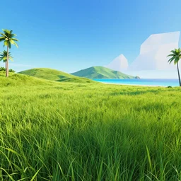 wide angle, low poly, surrealist lights, psychedelic sound, grassy hills background, tropical 🏝 island with a beach, break of dawn, nautical birds in the sky, 1 9 6 8
