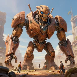 engineers work around a giant 1 0 0 ft orgainc wooden mech, solarpunk, organic mech, tree mech, cinematic lighting, octane render, 3 d pixar disney digital cgi rtx hdr painting, highly detailed, artstation cgsociety masterpiece, by syd mead, greg rutkowski, wlop, artger