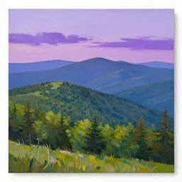 a modern painting of the appalachian mountains panoramic, bright, summer, wide - angle purple hues sunset