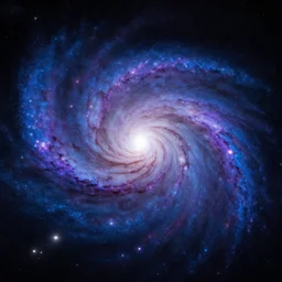 a blue and purple spiral galaxy from a distance