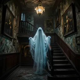 inside the most haunted house in the world, ghostly figure, staircase, paintings on the wall