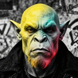 highly detailed closeup portrait of pignosed orc, really epic gradient, by atey ghailan, by greg rutkowski, by greg tocchini, by james gilleard, by joe fenton, by kaethe butcher, gradient yellow turqouise red rainbow, black and white color scheme, grunge aesthetic, graffiti tag wall background
