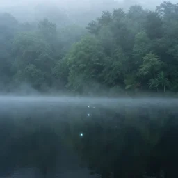 a lake with will o wisps in a foggy forest, 500px, photography