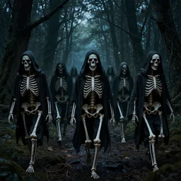 a lot of scary skeletons with hoodies walking in a forest at night, dnd, dramatic, fantasy art