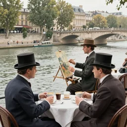 paris at early 2 0 th century. two gentlemen with top hats are having a coffee around a table at river seine ´ s bank. the two gentlemen are watching a painter at the banks on river seine, where he is painting something on a canvas. the painter is ewan mcgregor