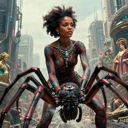 realistic detailed closeup portrait movie shot of a beautiful black woman riding a giant spider, dystopian city landscape background by denis villeneuve, amano, yves tanguy, alphonse mucha, max ernst, kehinde wiley, ernst haeckel, caravaggio, roger dean, cyber necklace, rich moody colours, sci fi patterns, wide angle