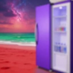 blurred purple refrigerator, red beach, green ocean, nebula sunset