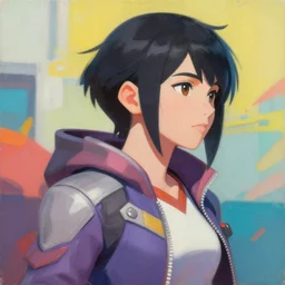 Portrait painting Yukiko okada japanese idol wearing a jacket and a collar, as an Overwatch character, medium shot, asymmetrical, profile picture, Organic Painting, sunny day, Matte Painting, bold shapes, hard edges, street art, trending on artstation, by Huang Guangjian and Gil Elvgren and Sachin Teng