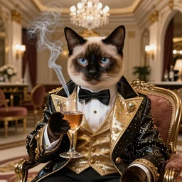 a fine portrait of a Siamese cat dressed in fancy expensive designer clothes smoking and having a drink in a luxurious hotel, ultrarealistic, real fantastic art, 16K
