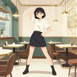 ( ( dither ) ), editorial illustration portrait of miona hori posing inside a cafe interior, dynamic pose, modern art deco, colorful, ( ( mads berg ) ), christopher balaskas, victo ngai, rich grainy texture, detailed, dynamic composition, wide angle, matte print