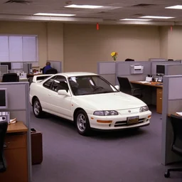 1992 DC2 Integra Type R driving though office interior. Car driving between cubicles inside office interior. Car driving inside building. The Office tv show 2005 scene still frame Scranton