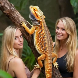 a giant bearded dragon hanging out with blonde hair women