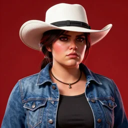 highly detailed portrait of chubby woman wearing a white wide brim straw hat and a denim jacket, determined. red dead redemption art, unreal engine, fantasy art by greg rutkowski