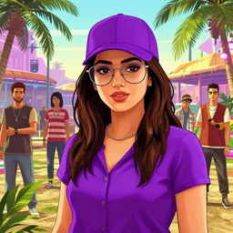 tropical party rave, young hyderabadi female wearing wayfarer glasses and purple cap and purple clothes beautiful picture and scenery, gta 5 comics, official fanart behance hd artstation by jesper ejsing, by rhads, makoto shinkai and lois van baarle, ilya kuvshinov, ossdraws, by feng zhu and