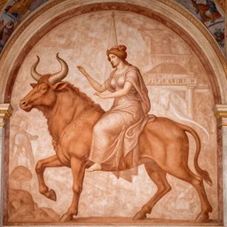 fantastic renaissance fresco : : terracotta tones : : fantasy art scene : : timeless masterpiece : : learned philosophess she - minotaur, cow horns and ears : : background greek spire