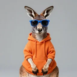 A portrait photo of a kangaroo wearing an orange hoodie and blue sunglasses standing on the grass in front of the Sydney Opera House , Greg Rutkowski