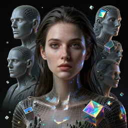 woman portrait made from digital wireframe by peter mohrbacher, boris vallejo, hajime sorayama, wayne barlowe,, polymesh, polygroups, maya, zbrush, wireframe models, ultra realistic, dramatic contrast lighting, intricate details, holographic artifacts, landscape of geometric shapes, hexagons, tesseract