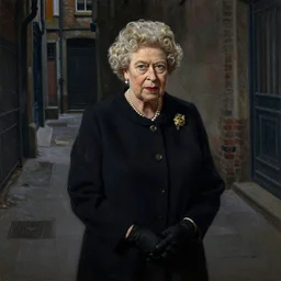 queen elizabeth painted as a beggar in a dark forbidding alleyway by george grosz