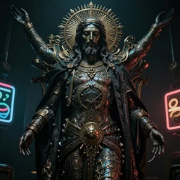 Cyberpunk jesus christ, dark atmosphere, cinematic shot, intricate, ornate, photorealistic, ultra detailed, realistic, 35mm, photography, neon, octane, high definition, depth of field, bokeh, 8k, artstation, ((alphonse mucha)), hr giger